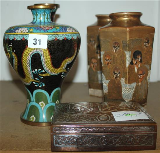 Pair Satsuma vases, 2 cloisonne vases and a Cairoware box